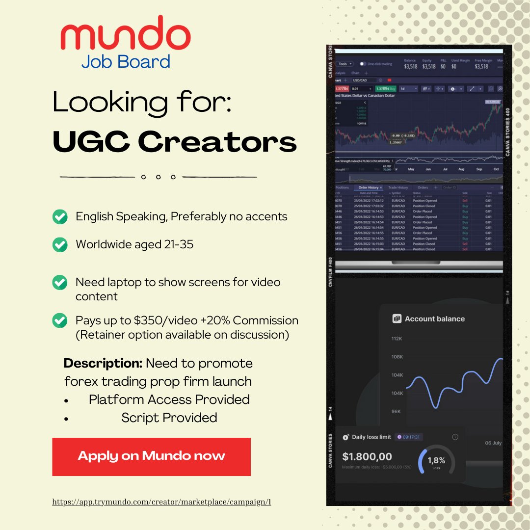 TryMundo's tweet image. We're still looking for UGC Creators for an ad for a Forex Trading Firm (Global) (21+ only) 

Comment your portfolio or apply for the job on Mundo here: app.trymundo.com/creator/market…

#ugccreatorneeded #ugccreators #ugc #ugcopportunity #Mundo