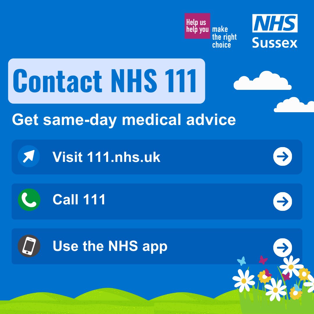 NHS 111 can help if you think you need medical help right now. 💻 Visit 111.nhs.uk 📞 Call 111 📱 Or use the NHS App They can direct you to the best place to get help if you cannot contact your GP, or when your GP is closed.