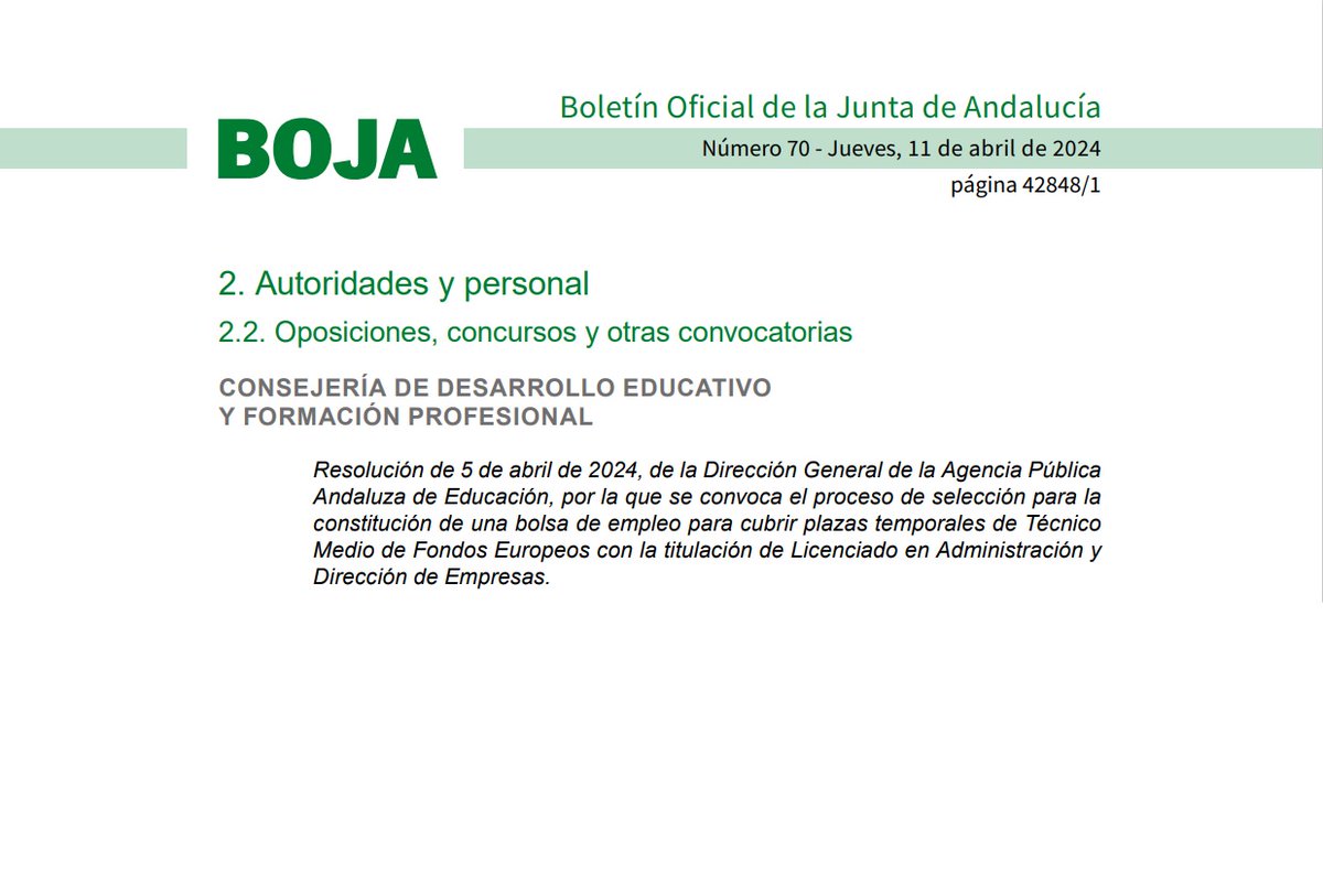 📍  Convocatoria proceso  para la constitución de una bolsa de #empleo de plazas temporales de Técnica/o Medio de Fondos Europeos 

➕ INFO  en BOJA  [nº70, 11/04/2024] de <a href="/AndaluciaJunta/">Junta de Andalucía</a> 👉   ow.ly/QaH750RePAc

🗺️ #SevillaEmpleo #EmpleoPúblicoSE