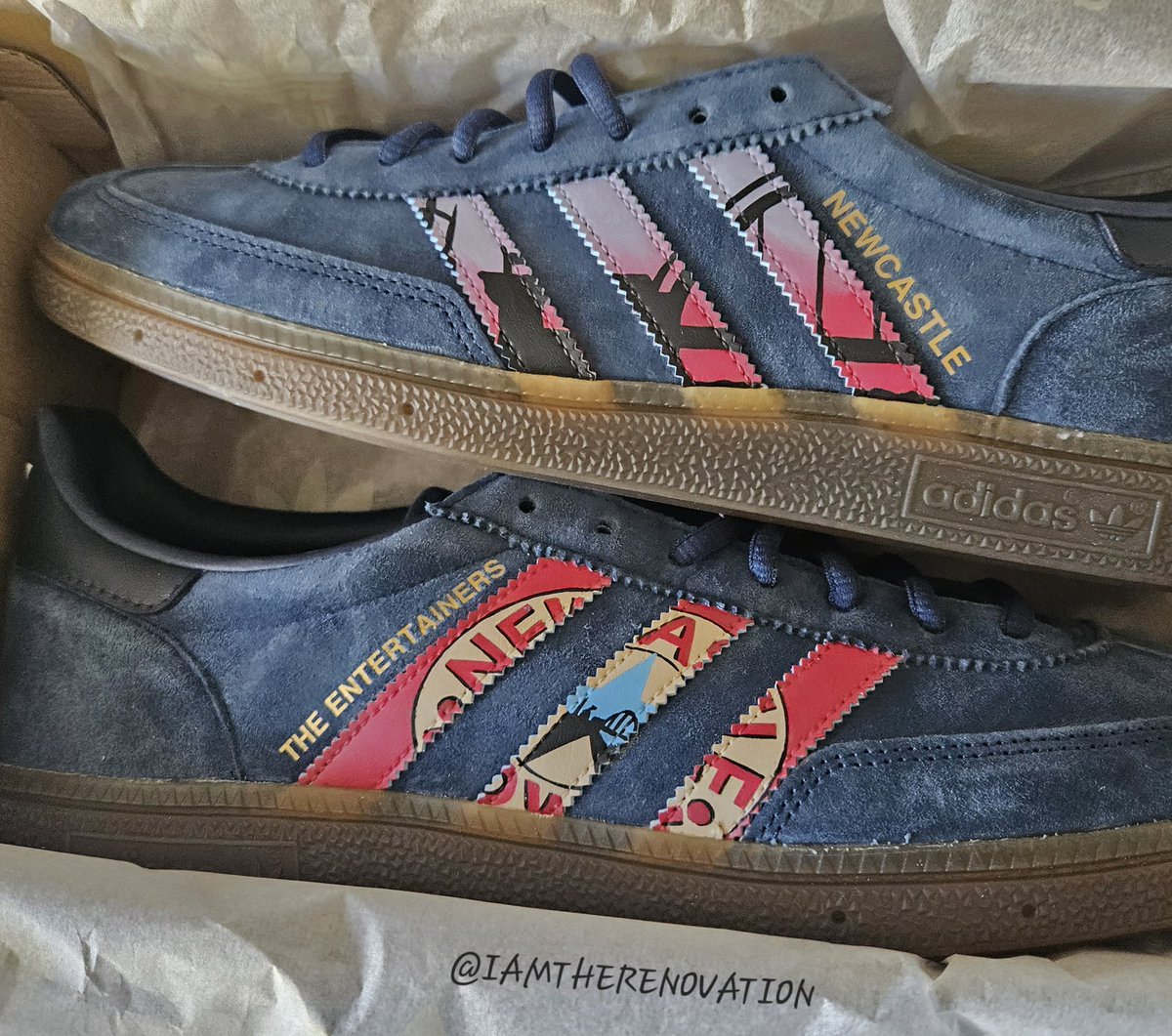 90's away colours inspired custom on the handball Spezial It's a fine time to be on the Tyne ⚽ Direct message for all custom enquiries and requests #iamtherenovation #custommade #newcastle #Tyne #howaythelads