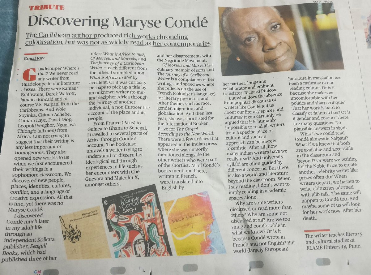 A wonderful tribute by @IamKunalRay to Condé. It's sad that such a profound voice in Caribbean and African literature didn't receive the spotlight she deserved. Colonial literature boasts many celebrated figures, yet Condé's voice often remained on the sidelines or overlooked.