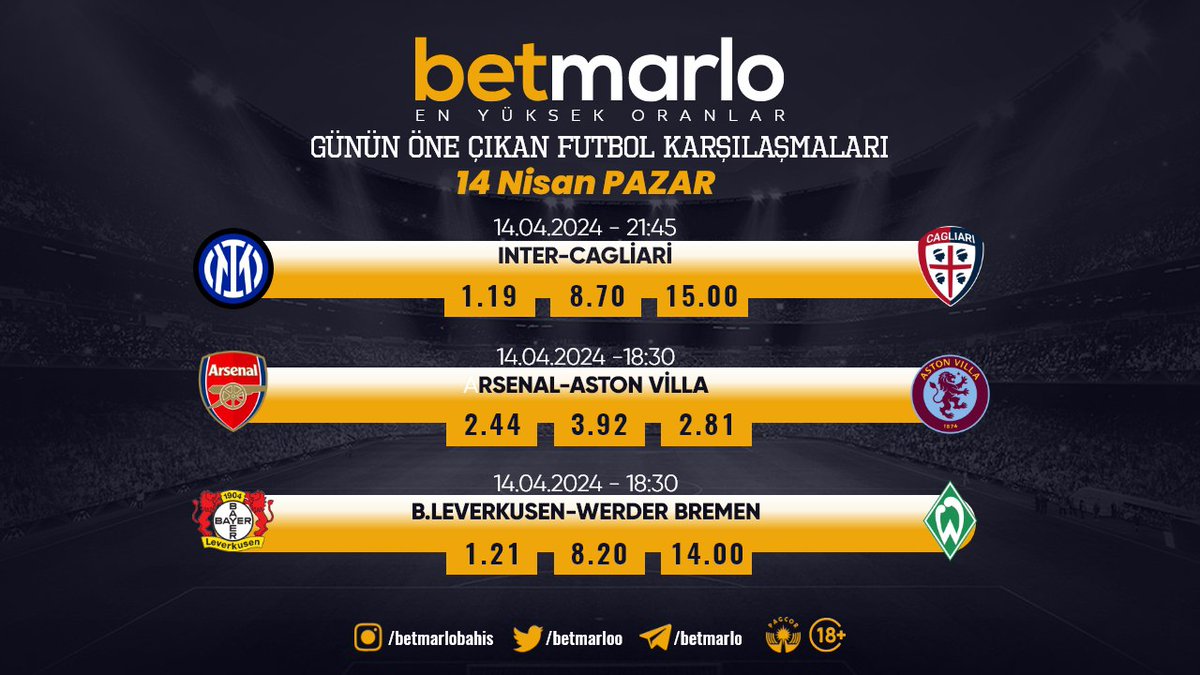 🏆 Günün öne çıkan futbol karşılaşmaları en yüksek oranlarla 𝗕𝗲𝘁𝗺𝗮𝗿𝗹𝗼'da kazanmak isteyenleri bekliyor! Betmarlo Giriş 👉🏻 redmarlo.com/betmarlo