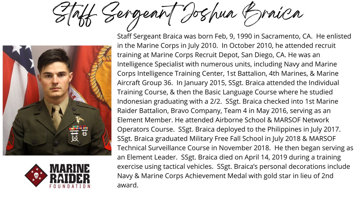 Please join the Marine Raider Foundation as we honor and remember Staff Sergeant Joshua Braica. 'For love of country they accepted death, and thus resolved all doubts, and made immortal their patriotism and their virtue.” - President James A. Garfield marineraiderfoundation.org/ssgt-joshua-br…