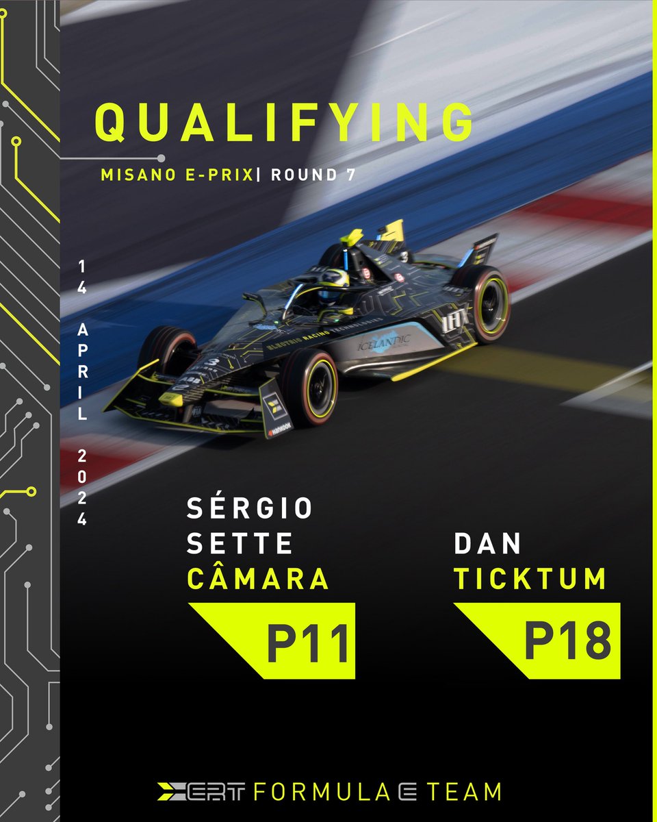 Qualifying results are in. All eyes on the race now! ⚡️⚡️ #MisanoEPrix #ERTFE #SergioSetteCamara #DanTicktum #FormulaE #Racing #Motorsport