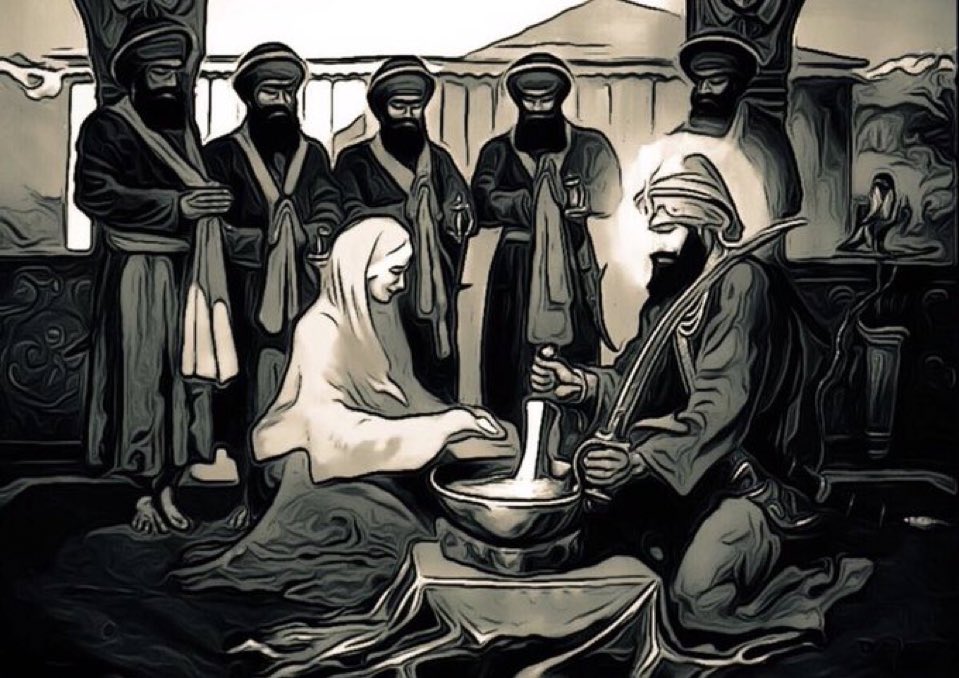 SikhsAtWar's tweet photo. Happy Vaisakhi! 

On the 13 April 1699, Sri Guru Gobind Singh ji Maharaj created the Khalsa brotherhood (visualised here preparing the Amrit nectar to ordain the first 5 who stepped forward and gave their head to the Guru) https://t.co/atCok3CPtD