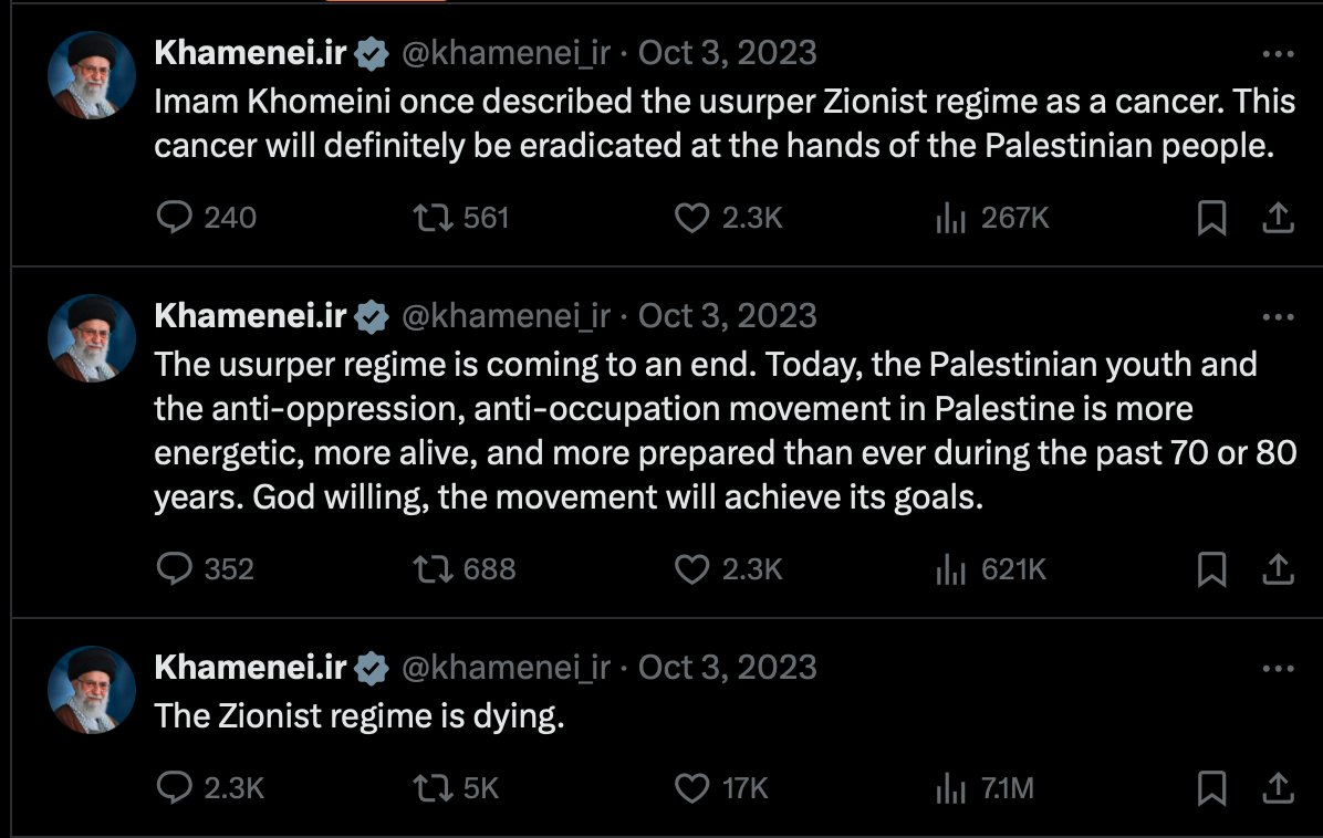 A sweet reminder of what @Khamenei_ir Iran's leader posted on 4 days before Oct 7 + on that day. A reminder of their exact intents and that they knew, helped achieve, and embraced this genocide. It also happened to be in violation of X rules and was community noted