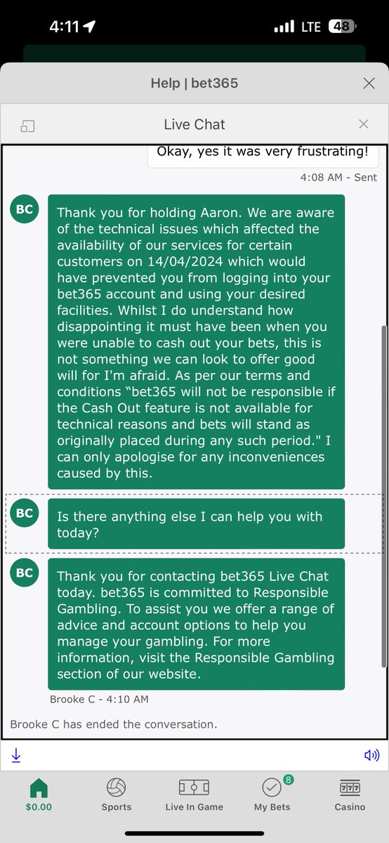 BeCraftyy's tweet photo. @bet365 love losing out on money because of the app’s technical issues… to top it all they just end the chat on me when I’m asking about it lmaoo https://t.co/ykH137Ukl4
