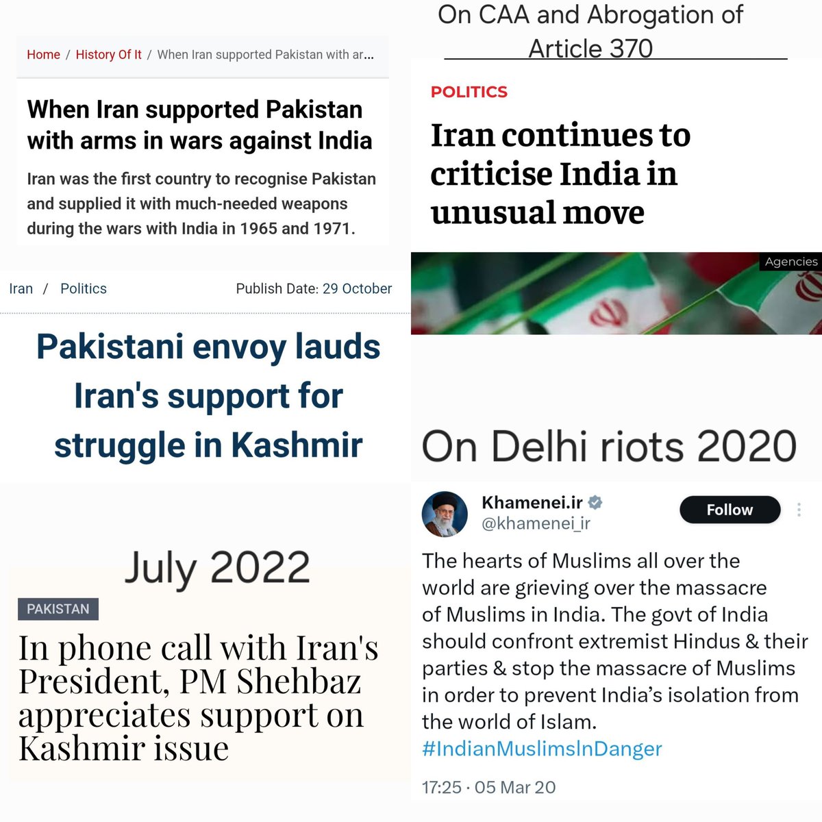 AskAnshul's tweet photo. 1) Iran supported Pakistan &amp; supplied weapons to Pak Army in wars against India

2) Iran supported Pakistan on Kashmir many times

3) Iran targeted India on CAA and Abrogation of Article 370 in J&amp;K

4) Iran’s supreme leader Ayatollah Khamenei blamed Hindus for Delhi riots in 2020 https://t.co/nj3yIg7C9w