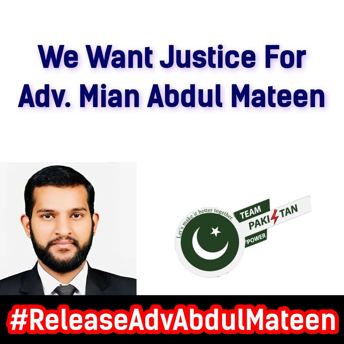 I @hlmza1 want to say it's very sad that standing with the oppressed has become a crime in Pak. Adv.Abdul Mateen always stood by the truth, raising his voice for the oppressed.The punishment for which is being given by arresting them. #ReleaseAdvAbdulMateen @TeamPakPower @hlmza1