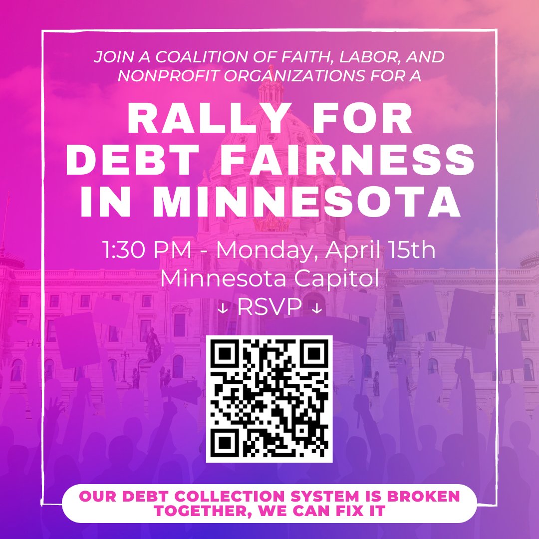 Join us Monday, April 15th at the Capitol Rotunda to support #MNDebtFairness!  Please❤️🔃🗨️

The Minnesota Debt Fairness Act corrects credit and billing laws that harm Minnesotans. RSVP at forms.office.com/g/fgX0q01GZw

Can't attend? 🔃this post!
#MNleg #PatientsOverProfits