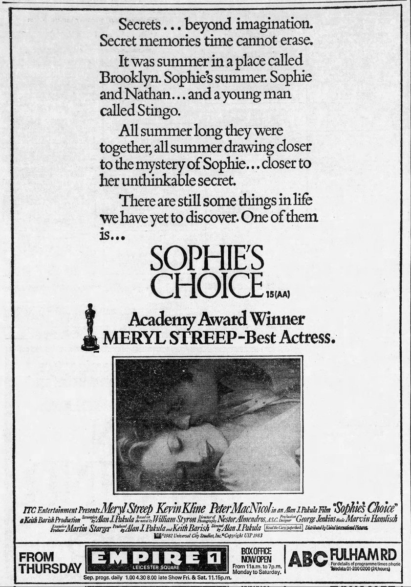 On this day, April 14th, 1983, Alan J. Pakula's SOPHIE'S CHOICE, starring Meryl Streep, Kevin Kline & Peter MacNicol, and with a Marvin Hamlisch score, and photography from Nestor Almendros, opened in London..