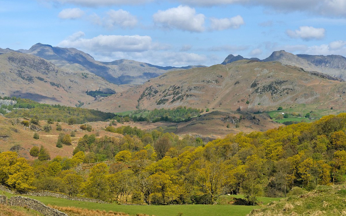 Spring in the Lake District - looking across Little Langdale to Great Langdale with Bowfell on the left and the Pikes right.