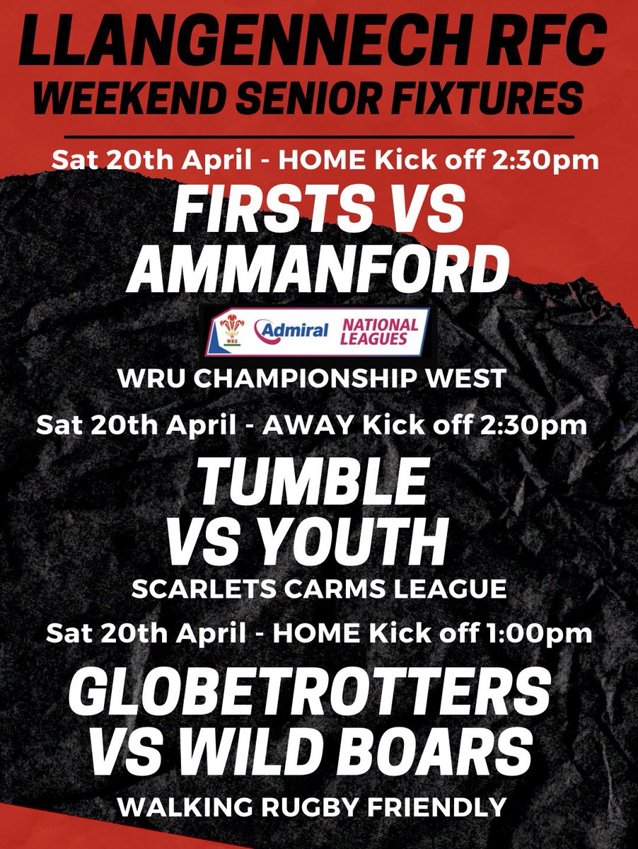 🏉NEXT SATURDAY🏉 Final league matches for our Firsts & Youth on Saturday. Our 1sts host @Ammanford_Rugby & Youth travel to @RfcTumbleYouth Also a great curtain raiser see’s our Globetrotters #WalkingRugby Team host Ammanford Wild Boars at Llan School Field! #BoisYLlan ⚫️🔴⚪️