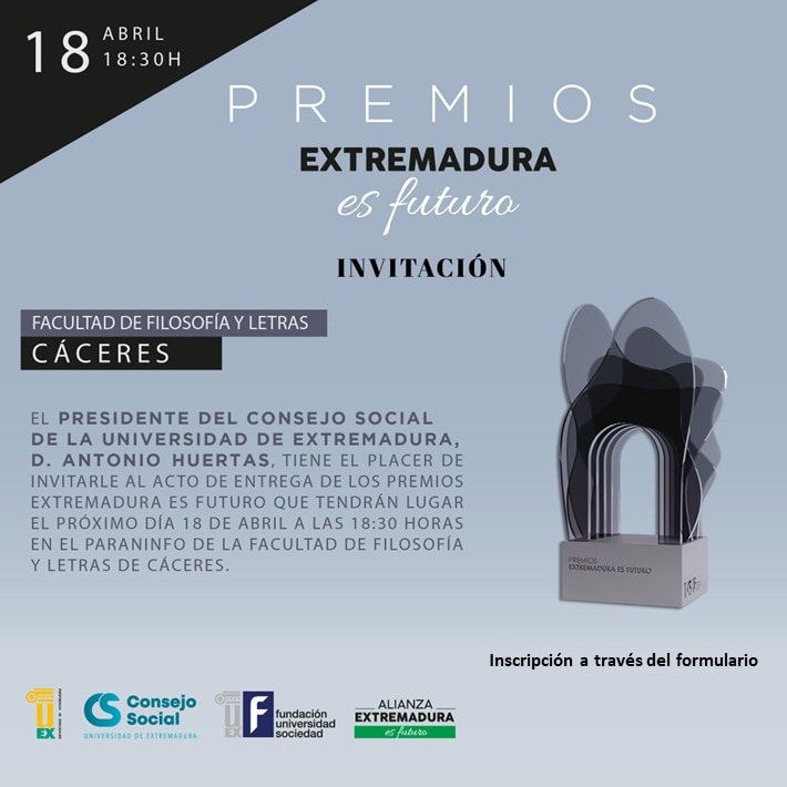 ‼️ATENCIÓN‼️ ¡No te quedes sin asistir a los Premios Extremadura es futuro! 📅 18 de abril 🕒 18:30h 🌍 Paraninfo de la Facultad de Filosofía y Letras (Cáceres) ➕ Info e inscripciones: extremaduraesfuturo.es/premios-extrem…