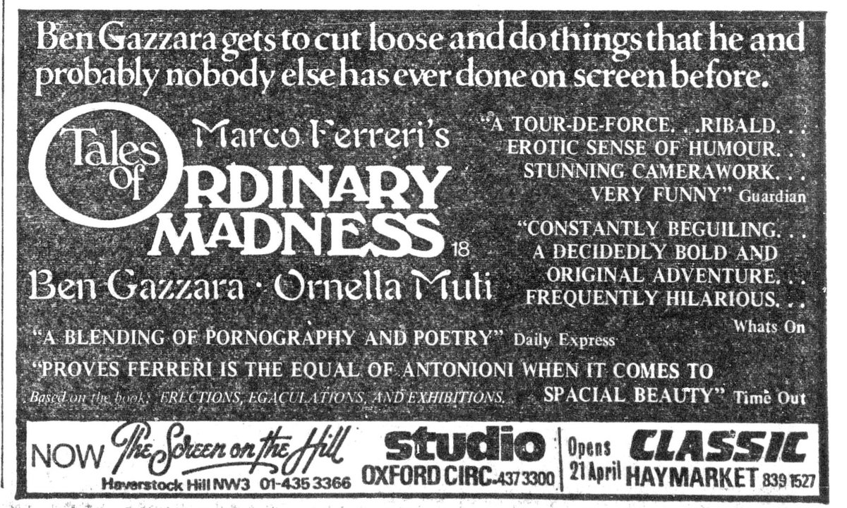 On this day, April 14th, 1983, Marco Ferreri's TALES OF ORDINARY MADNESS, opened in London..