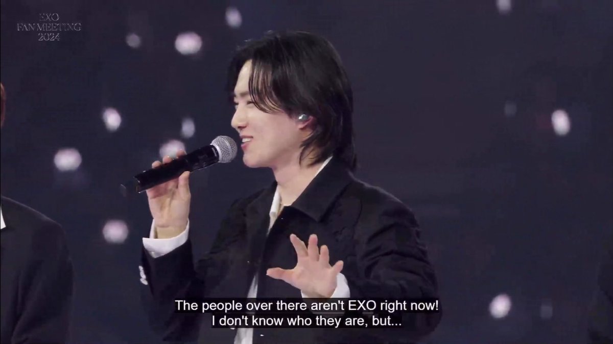 ohsenh's tweet photo. junmyeon mentioned sekai and fans seemed to looked at sehun and jongin's seats but junmyeon said "there's no one there, the people over there aren't exo right now, idk who they are" and they're teasing them because they're seating lax 😭

#ONEdaywithEXO
#2024EXOFanmeetingONE https://t.co/IRzjmbam96
