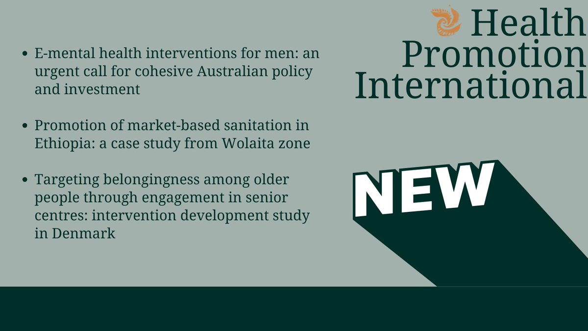 🚨New articles in @HealthPromInt Articles this week exploring: • Mental health interventions • Public education • Sense of belonging & more! Find all of our new articles here: bit.ly/NewAtHPI