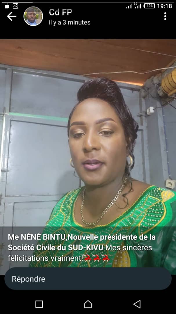 Isaacgerm13's tweet photo. Néné BINTU IRAGI élue présidente de la société civile du Sud-kivu en RDC 
l'OSC @ARPJ asbl organisation de défense des droits des femmes vous souhaite un fructueux Mandat et vous demande de mettre au centre de ton mandat la vulgarisation des résolutions 1325 et 2250 de l'ONU. https://t.co/u0e3d7MuNL