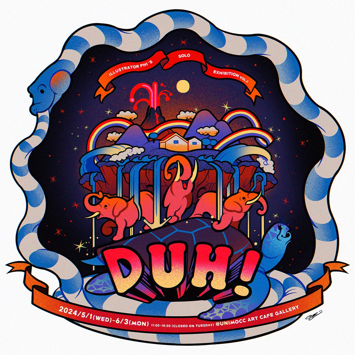 🌎🌈個展告知🐍💖

DUH!

🗓️2024/05/01(水)-06/03(月)
11:00-18:00
祝日営業,火曜定休

📍unimocc art cafe gallery <a href="/unimocc_art/">unimocc</a> 
〒542-0012 大阪府大阪市中央区谷町6丁目3-25
unimocc.com

念願の関西初個展!
新作5点、その他未発表作品９点と広島で展示した旧作４点を持っていく予定!