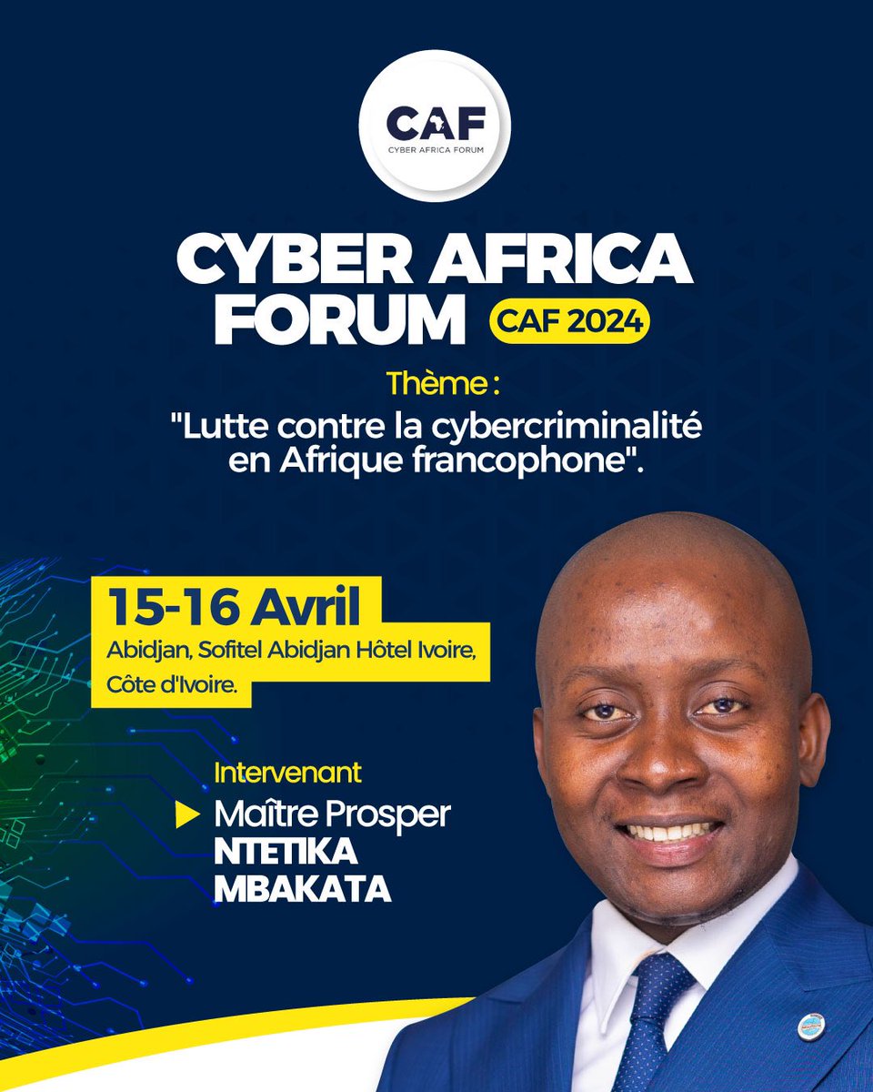 #CIV #CAF2024 #RDC

Heureux d’être parmi les invités de renom au prestigieux @CAF_forum 2024. 

Je prendrai la parole ce 16 avril 2024 pour discuter de la lutte contre la cybercriminalité en Afrique francophone. 

Un sujet à la fois passionnant et crucial. 

#Cybersecurite…