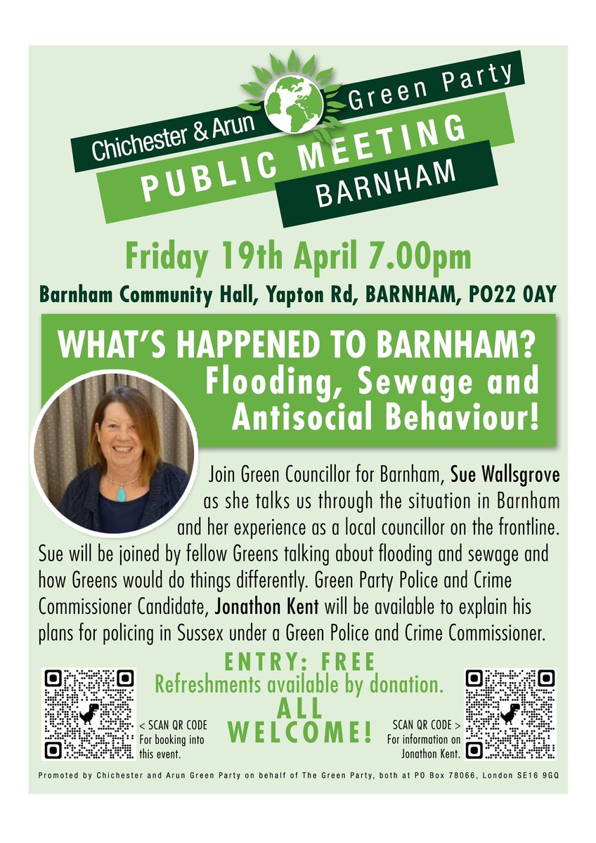 Come and meet our friendly team at our #Barnham #sewage #flooding Green Talk with special guest Green Party #Sussex Police Crime Commissioner candidate @Jolph. Click the link for more details: actionnetwork.org/events/green-t…