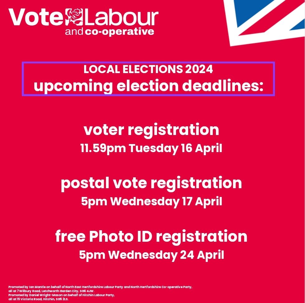 NorthHertsLab's tweet photo. Local elections take place 2nd May. 
Key deadlines approaching to ensure you have a say for North Herts District Council.

Labour has a plan for North Herts. See full manifesto 👇

Register to vote. Have your say on future of North Herts.

https://t.co/L9l4vgcJSZ… https://t.co/BR5ZvLlqTJ