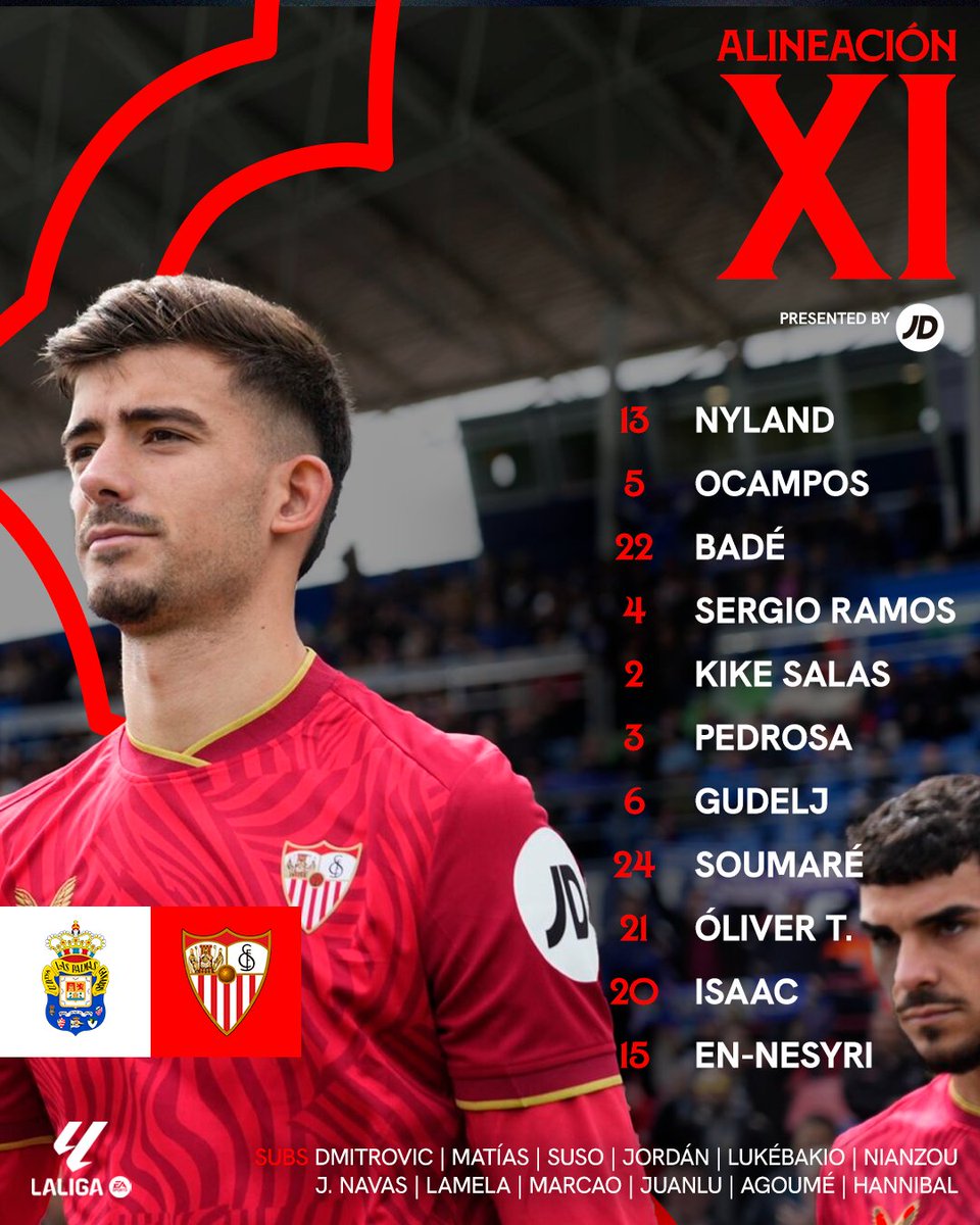 𝐄𝐒𝐓𝐀𝐌𝐎𝐒 𝐄𝐒𝐂𝐀𝐋𝐀𝐃𝐎𝐒! 📋⚪️🔴 Nyland - Ocampos, Badé, Sergio Ramos, Kike Salas, Pedrosa - Gudelj, Soumaré, Óliver Torres - Isaac, En-Nesyri. #LasPalmasSevillaFC