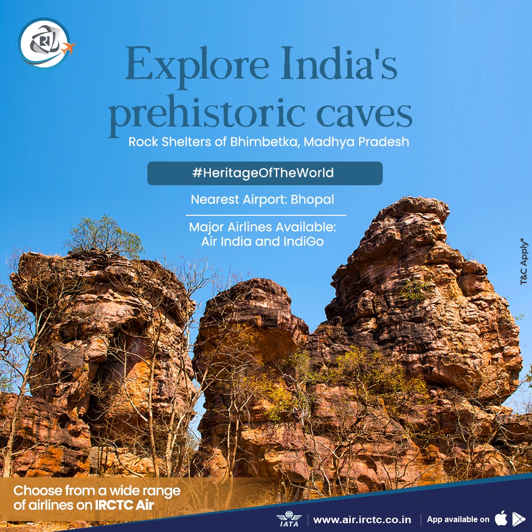 Catch glimpses of India's prehistoric era at the Rock Shelters of Bhimbetka. 

Book flights to Bhopal on air.irctc.co.in or the #IRCTC #Air app. 

#HeritageOfTheWorld #IncredibleIndia #MadhyaPradeshTourism #RockShelters #FlightBooking #AirTickets  #AirTravel #EasyBooking