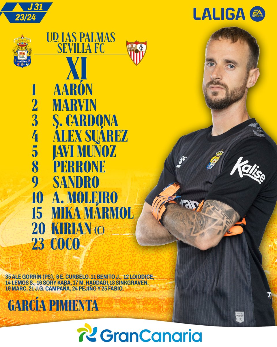 🆙 ¡Nuestros XI guerreros para medirnos al @SevillaFC! ¡#VamosUD! ⚔️ #LasPalmasSevillaFC #LaUniónHaceLasPalmas 💛💙 #LaUniónDePorVida