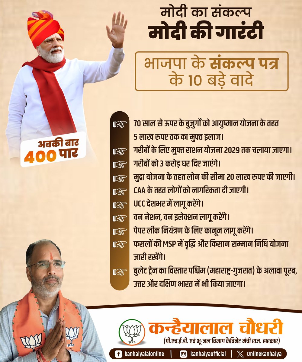 मोदी जी का संकल्प मोदी जी की गारंटी..... भाजपा के संकल्प पत्र के 10 बड़े वादे @narendramodi @BJP4India @BJP4Rajasthan #ModiKiGuarantee #sankalppatra