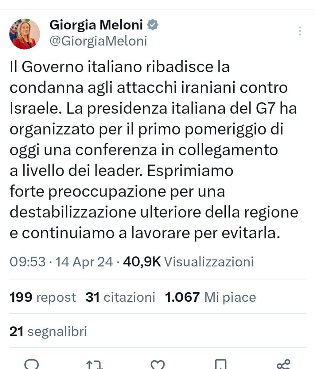 RICAPITOLANDO: Israele uccide 30 mila persone a Gaza, ne fa fuori 7 in un consolato iraniano, non rispetta risoluzioni ONU, né alcuna norma del diritto internazionale, ma secondo Giorgia Meloni a minacciare la stabilità del medio oriente sarebbe l'Iran 🤦🏻‍♂️ - M. Gracis