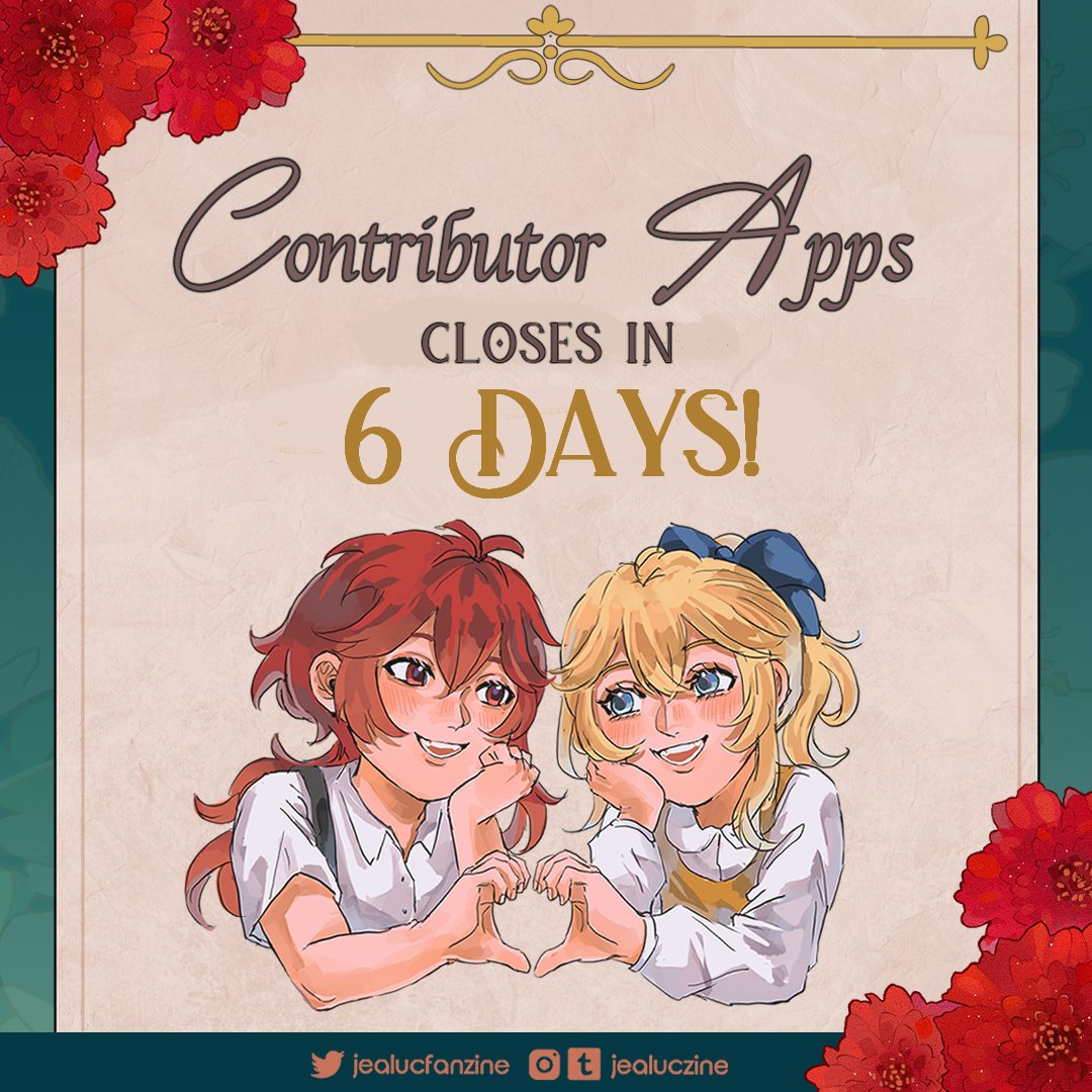 🔔 6 Days Left for Contributor Apps! 🔔 
 
Do you hear the church bells ringing? They're ringing in only 6 days left to apply! We're looking for more page artists, writers, and merch artists so get those apps in!

#Jealuc #GenshinImpact

Apps link
⬇️⬇️⬇️