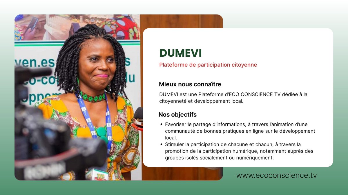 DUMEVI, citoyen.nes connecté.es♻️ pour la co-construction du développement local 👌
#civictech 

L'aventure continue...
#EcoConscienceTV, pour des citoyen.nes éco-responsables 💚✅