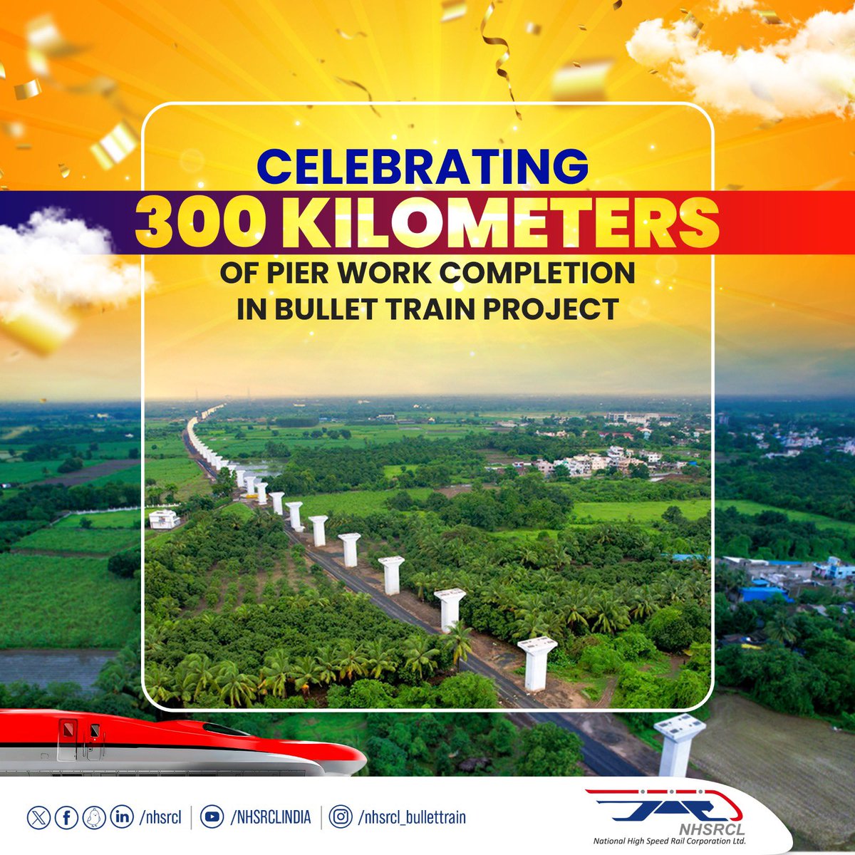 Milestone Achieved! 🚀 NHSRCL is thrilled to announce completion of 300 km pier work on the Mumbai-Ahmedabad bullet train project. Every kilometer counts as we pave the way for tomorrow's travel. Full steam ahead on the journey to future.