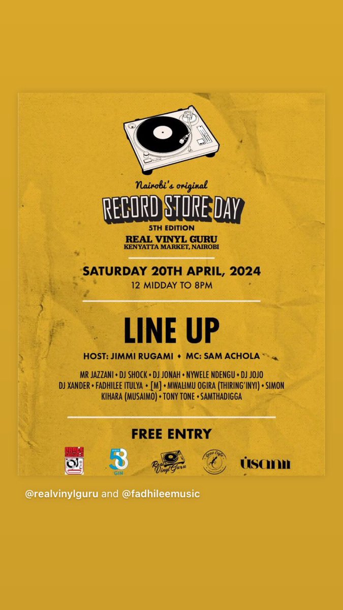 Seven days to go! Drop the needle and raise the roof! Our Record Store Day lineup is up! A benga star spotted, a man on the strings and super djs who spin the best records! Get ready to spin, sway, and shop 'til it's 'enough!” #recordstoreday #vinyl #benga #guitarist