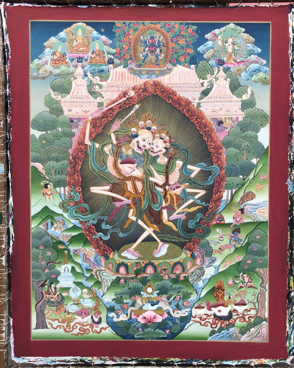 Shri Shmashana Adhipati, Father-Mother (the Glorious Lords of the Charnel Ground, Father and Mother).
.
.
.
.
.

#heritage #lamathankapaintingschool #himalayanart #thangka #thankapainting #chamdance #Shmashana #Adhipati #lord #dancingskeleton #tantra #wrath #chitipati #dharampala