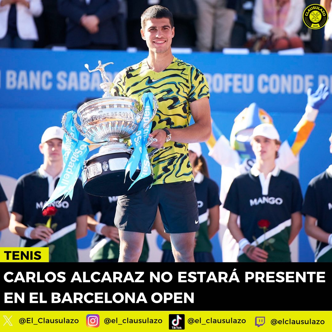 El_Clausulazo's tweet photo. ❌ @carlosalcaraz se pierde el Godó.

👑 El murciano no podrá defender la corona, después de conseguir el título durante dos años consecutivos.

🚑 La baja se debe a sus molestias en el antebrazo.

#tennis #tenis #bcnopen #carlosalcaraz https://t.co/NMKG0zUmcG
