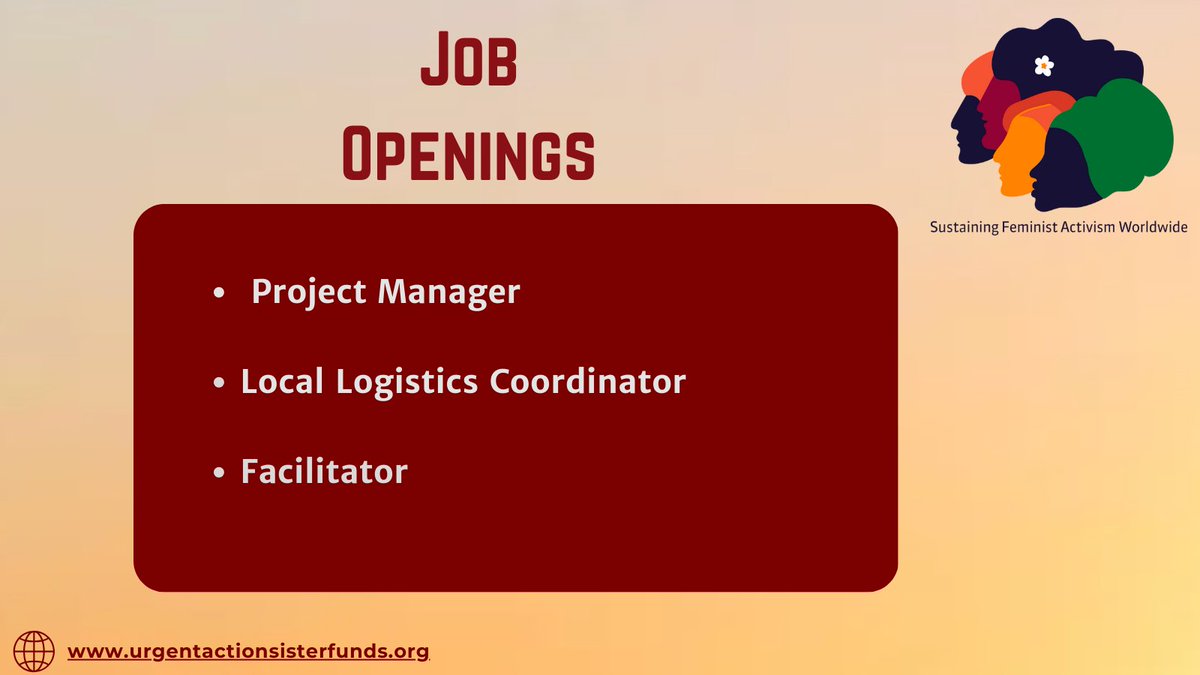 #Jobs The Urgent Action Funds are hiring for the following positions: - Project Manager: urgentactionsisterfunds.org/wp-content/upl… - Local Logistics Coordinator: urgentactionsisterfunds.org/wp-content/upl… - Facilitator: urgentactionsisterfunds.org/wp-content/upl… @FAU_LAC @UAF_AnP @UrgentAct @UAFAfrica