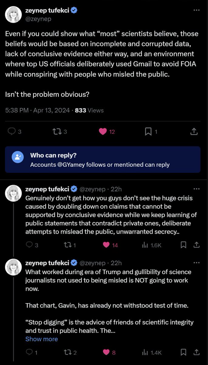 'What worked during era of Trump and gullibility of science journalists not used to being misled is NOT going to work now.' @zeynep has another go at hammering sense into the 'lab leak = conspiracy theory' brigade! Most people, unlike 'most scientists', will understand her.