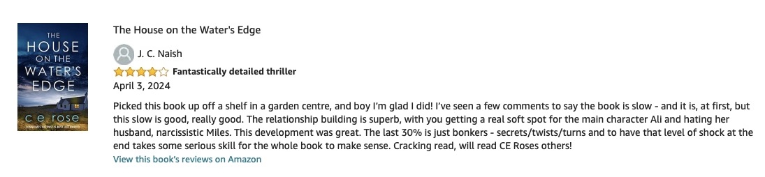 👏👏 Love this #BookReview of my #CERose #gothic #thrillerbooks #TheHouseOnTheWatersEdge: 'secrets/twists/turns and to have that level of shock at the end takes some serious skill... Cracking read' Buy your #paperback #audiobook #ebook here: amzn.to/3xB7qmP