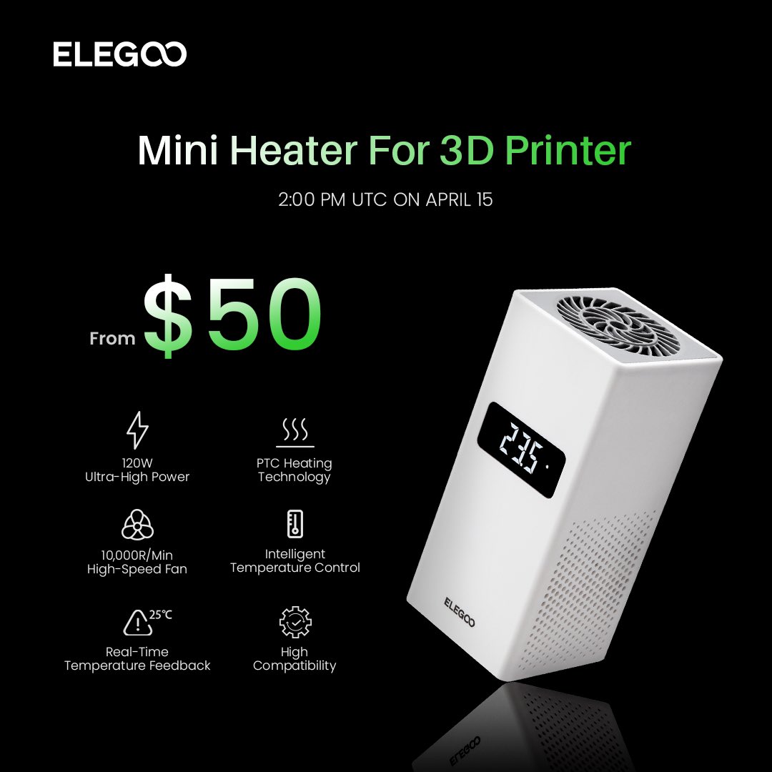 [#ELEGOO Mini Heater🌡] [Available on Apr. 15] Worried about low ambient temperatures affecting resin flow and printing efficiency? Check out the ELEGOO Mini #Heater!👏 It uses 120W ultra-high power and advanced thermal management technology, offering outstanding heating…