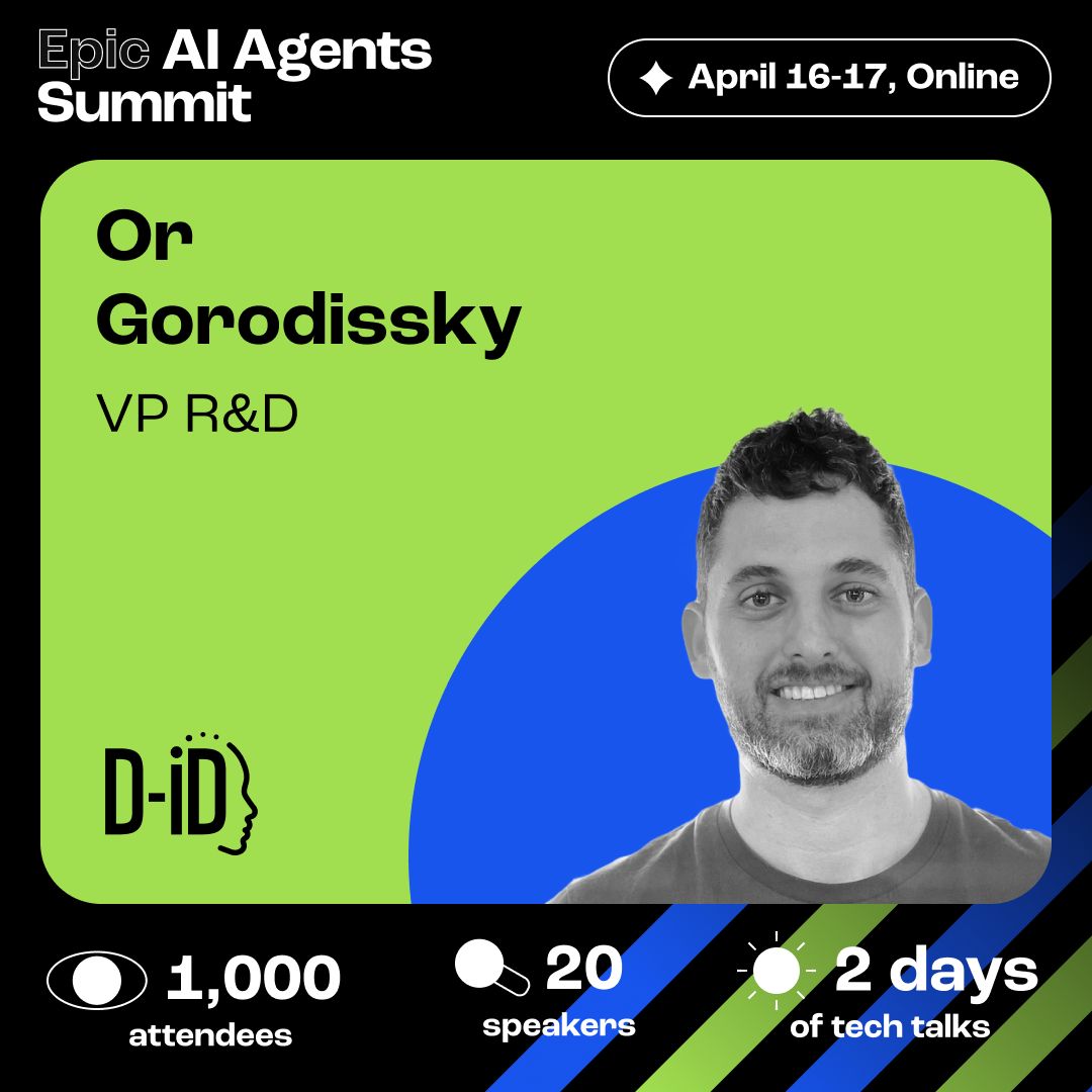 D_ID_'s tweet photo. Curious how #GenAI is reshaping the way we interact with #tech? ๐ค๐ญ
Find out at @EpicAIDev's #AIAgents Summit! ๐ค๐ฎ
@Or_Goro, our #VPProduct, will show you how to craft your own AI agents using #NUI (#NaturalUserInterface)! ๐คฉ๐
Don't miss out on this EPIC event! Register NOW: https://t.co/tYM8h7pHWt
#DID #AI #GenerativeAI #DIDAgents
