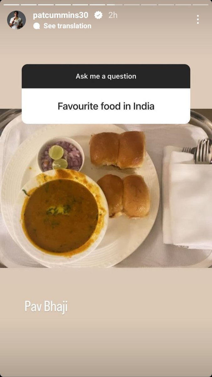 Pat Cummins Answered His Favourite Food In India 'Pav Bhaji'From Cummins Instagram Storie…!!

#PatCummins #OrangeArmy #IPL2024 #PlayWithFire #IPLOnStar #SunrisersHyderabad #IPLonJioCinema #PavBhaji