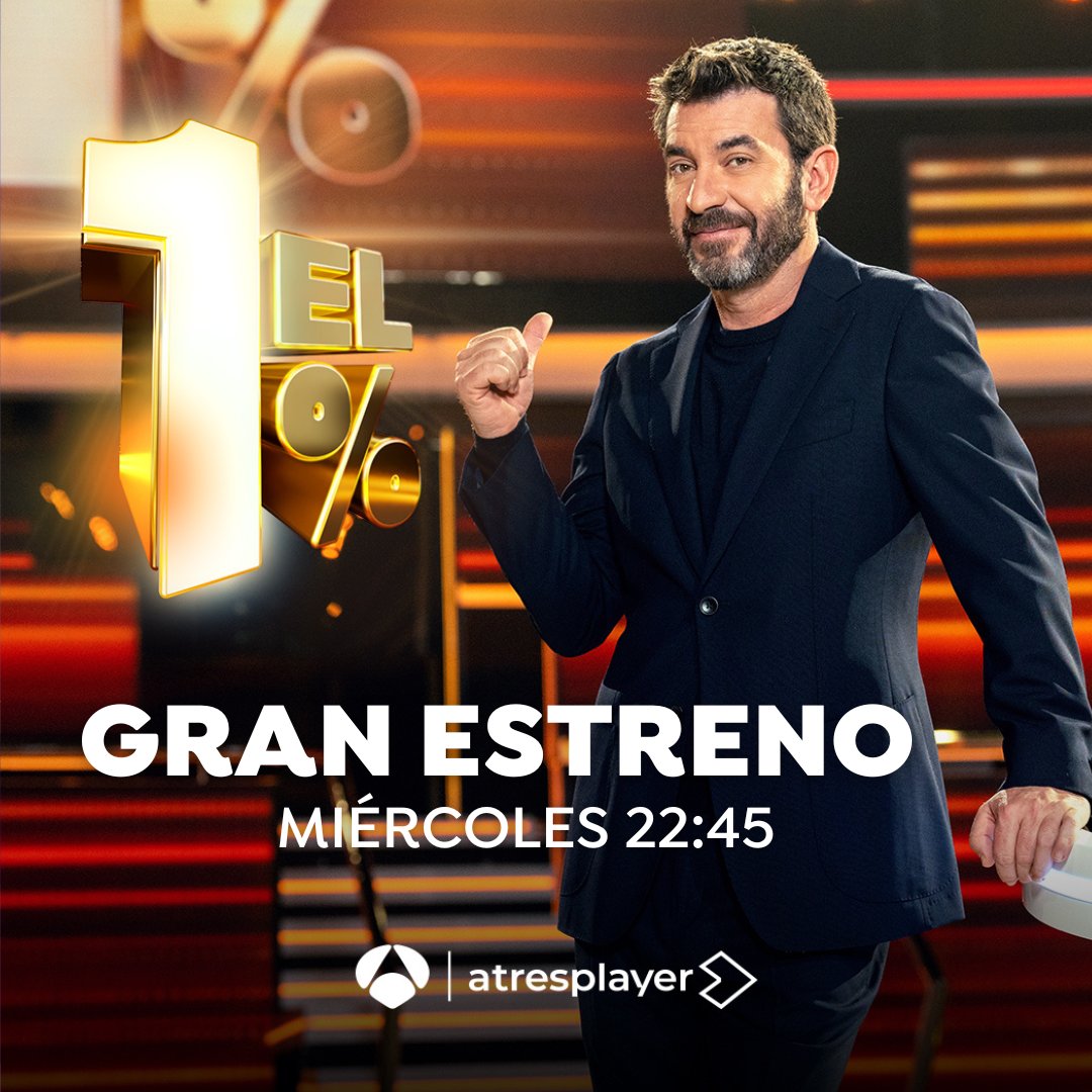 ¡Los ESTRENOS siguen en @antena3com! 🙌 El próximo MIÉRCOLES a las 22:45 h llega... 'El 1%' 😎 Con @ArturoValls al frente 🤔 ¿Serías capaz de responder correctamente a una pregunta que solo el 1% de la población acertaría? Spoiler: vas a engancharte desde el minuto 1 😜