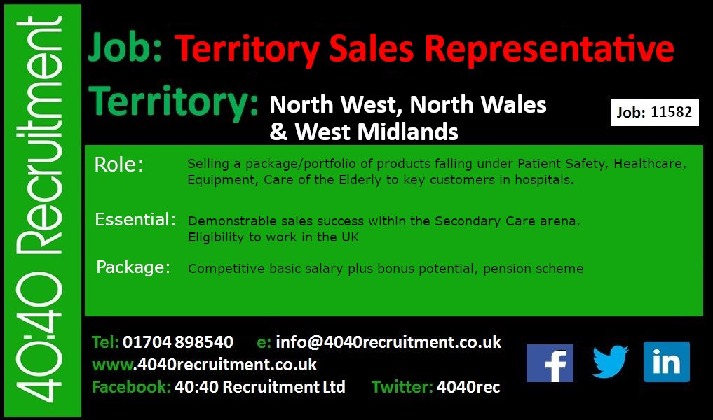 REF: 11582 Territory Sales Representative: NORTH WEST, N WALES & W MIDS More info at:zurl.co/BJ9K #medicalsales #healthcaresales #territorymanager #sales #secondarycare  #territorysalesmanager #medicalsalesrepresentative #businessdevelopment #fallsprevention