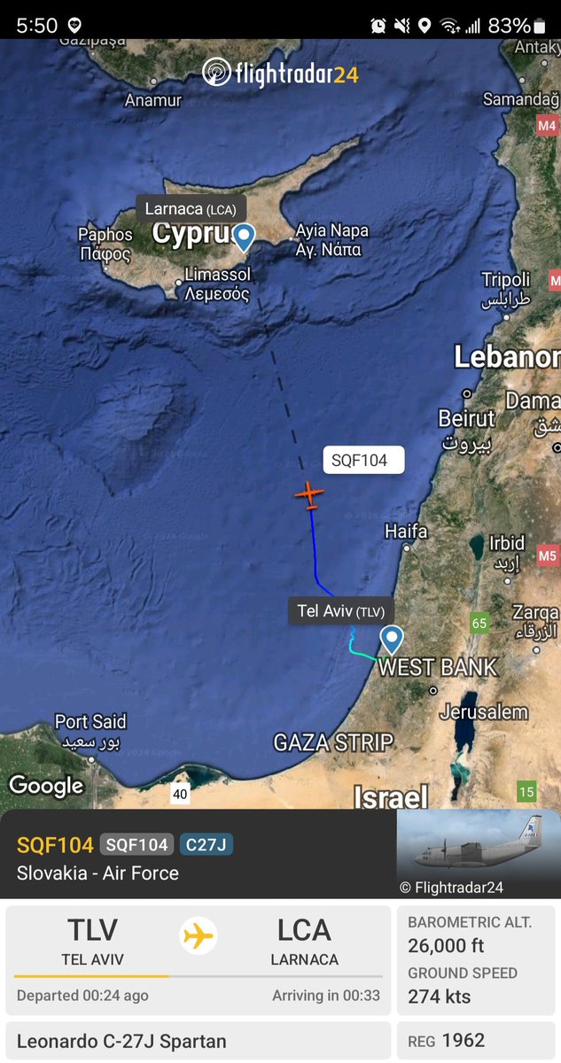 Slovakia AF C-27J Spartan reg. 1962 #505F6E as SQF104 en route to Tel Aviv from Larnaca. Aircraft flew TLV-> LCA 13 Apr approx. 1230 UTC.
@LebanonJets @SomeFrench1991