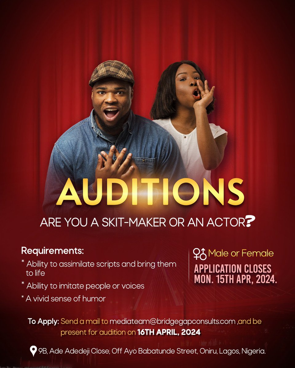 bridgegapng's tweet photo. Are you a skit maker or an actor your talents are need?
Apply now by sending an email to mediateam@bridgegapconsults.com
#auditions #Actors #skitmaker #talkshow #tvshow #revampingtheworkforce #bridgegapng https://t.co/l1hv5s7Z2C