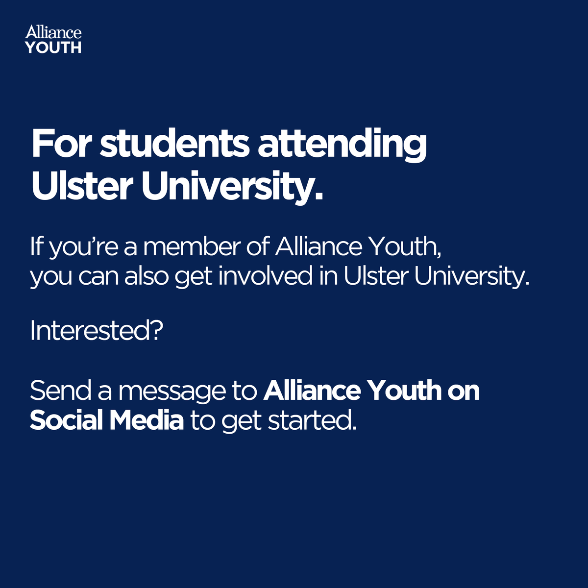 For students attending @UlsterUni By joining Alliance, you can get involved through our students society in Ulster University. Interested? Give us a message today 📨