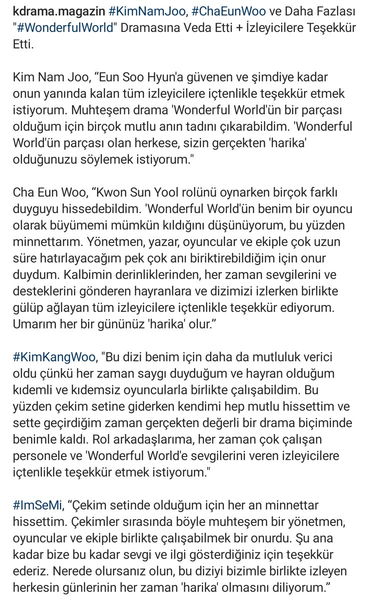 #KimNamJoo, #ChaEunWoo ve Daha Fazlası '#WonderfulWorld' Dramasına Veda Etti + İzleyicilere Teşekkür Etti. 

#KimKangWoo #ImSeMi