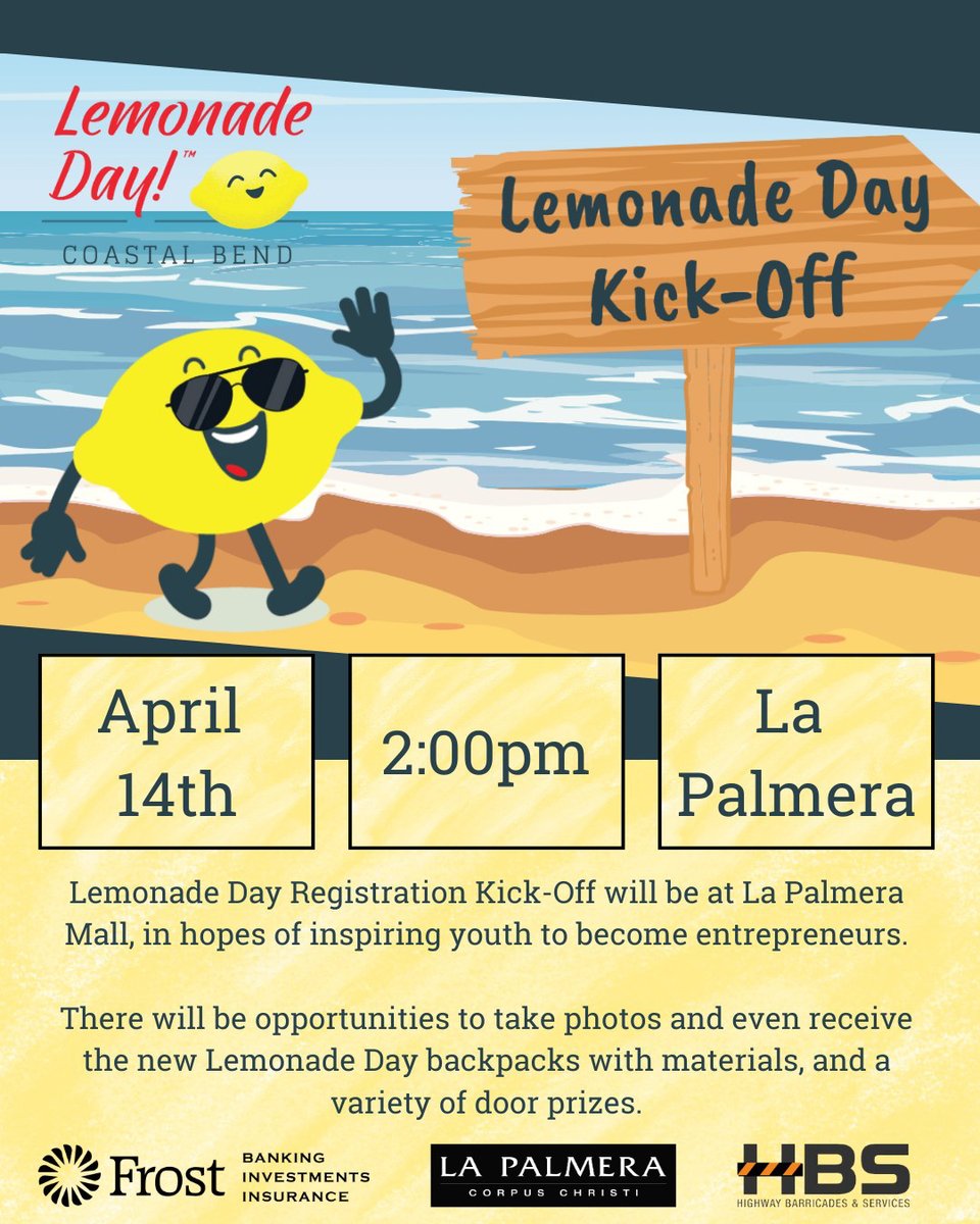 Lemonade Day Registration Kick-Off is in the La Palmera Cafes Food Court today from 2pm-4pm to inspire youth to become entrepreneurs! Families can take photos in the special photo area and even receive the new Lemonade Day backpacks with materials, and a variety of door prizes.